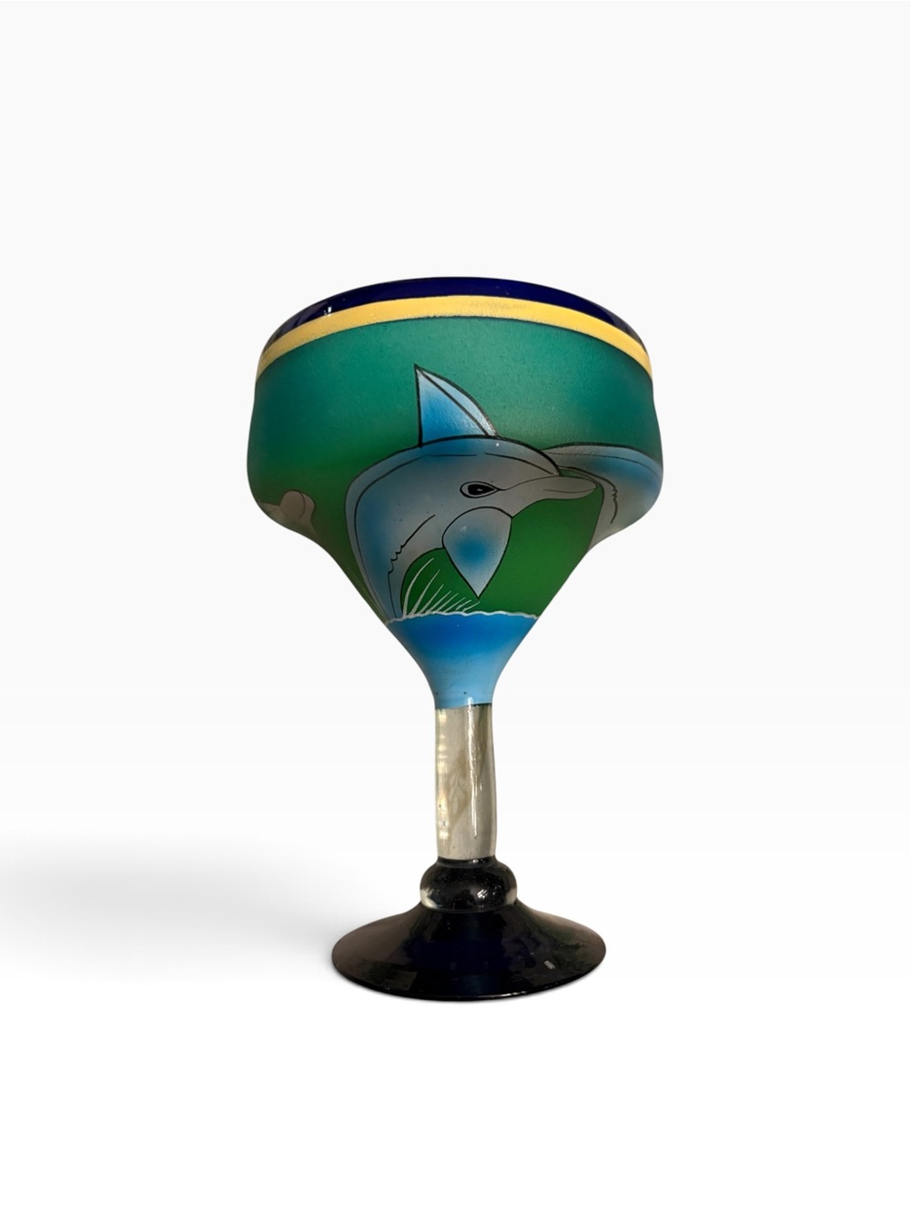 Margarita Glass Colbalt Blue Mexican Painted DOLPHIN Hand-Blown Art Glass 10oz